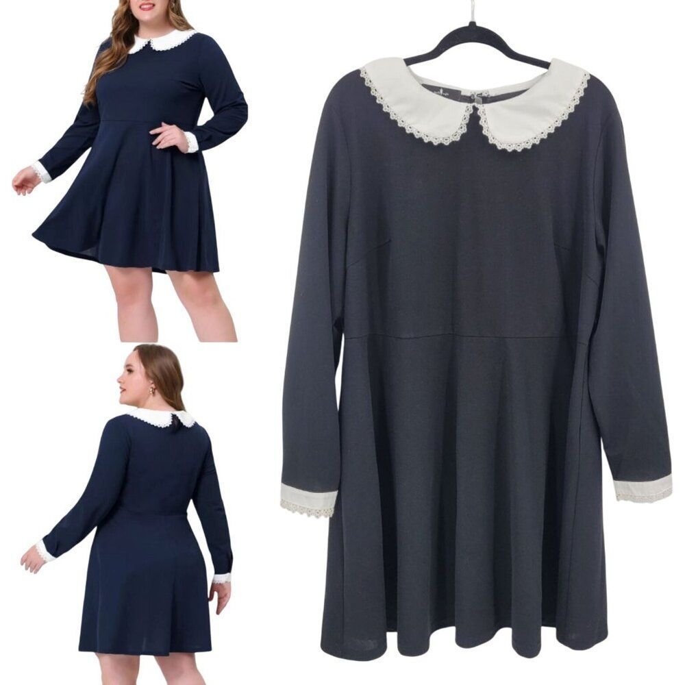 Womens Wednesday Adams Black Dress Plus Sz 2X White Peter Pan Collar‎ Gothic